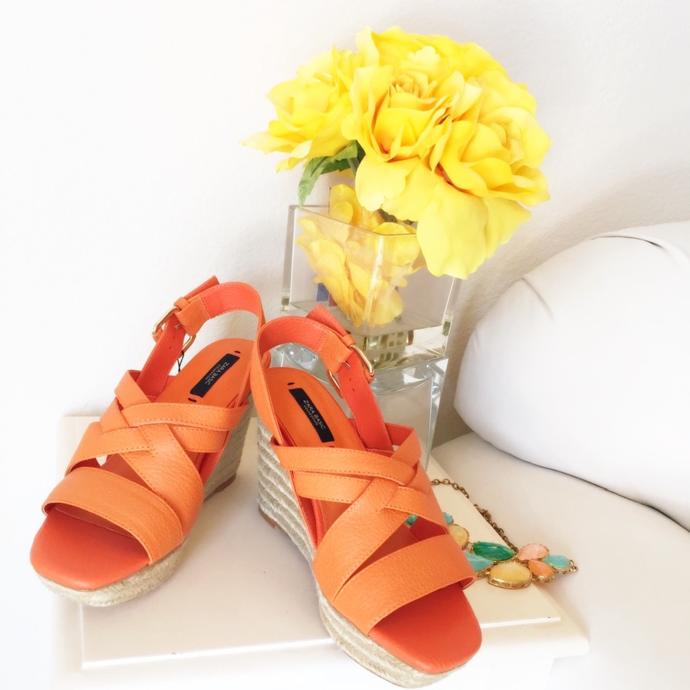 Zara Orange Leather Wedges